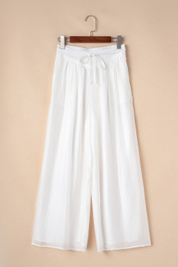 White Casual Tie Waist Pleated Wide Leg Pants