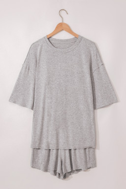 Gray Solid Color Loose Tee 2 Piece Shorts Set
