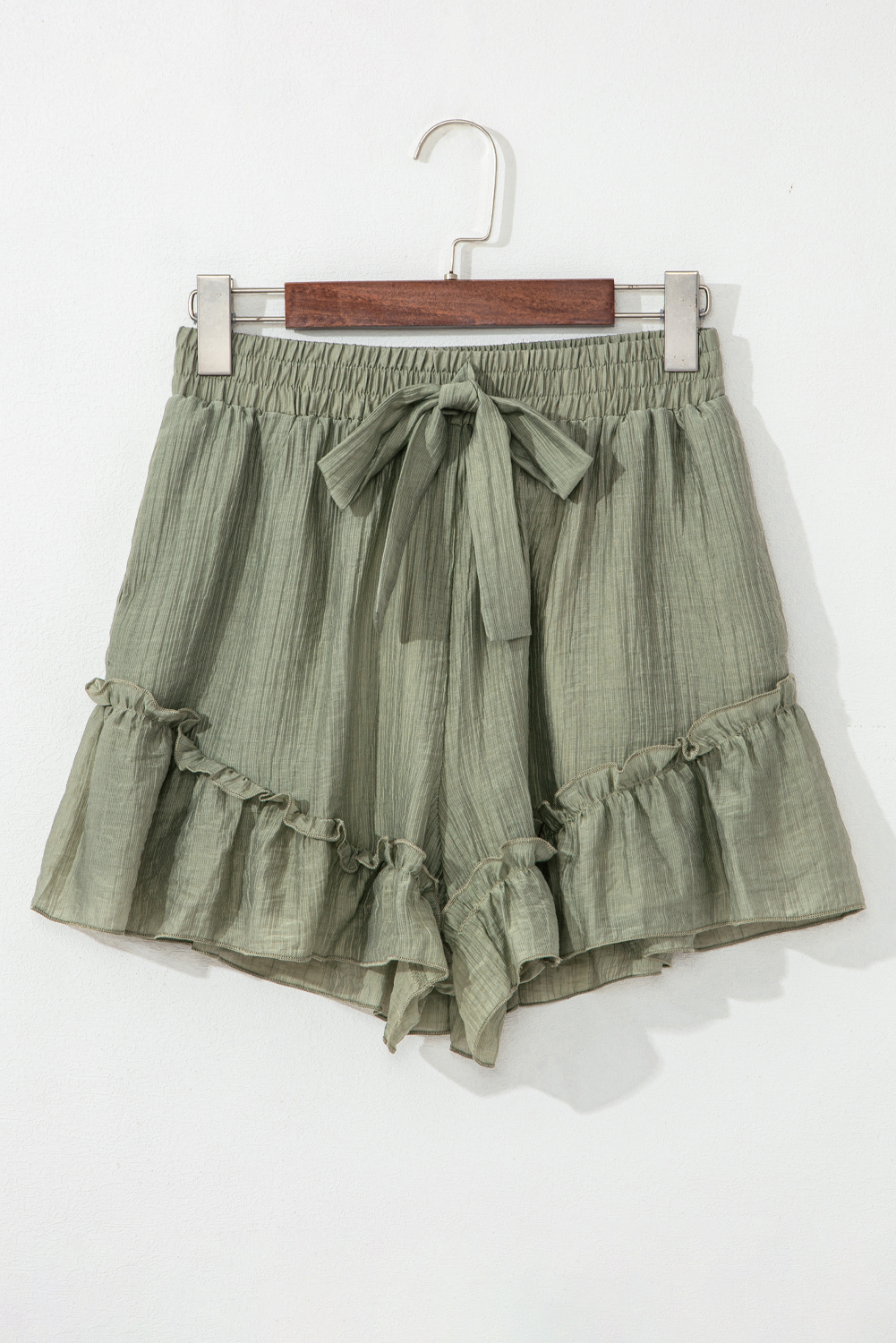Dark Green Textured Ruffle Split Top and Drawstring Shorts main image 1
