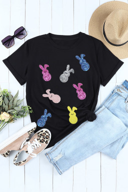 Black Sequin Bunny Doll Graphic Easter Day T Shirt