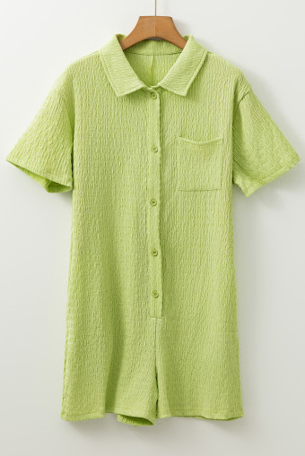 Meadow Mist Green Textured Short Sleeve Patched Pocket Buttoned Shirt Romper