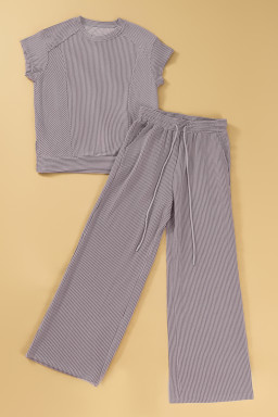 Wild Wind Solid Corded Knit Short Sleeve T Shirt and Wide Leg Pants Set