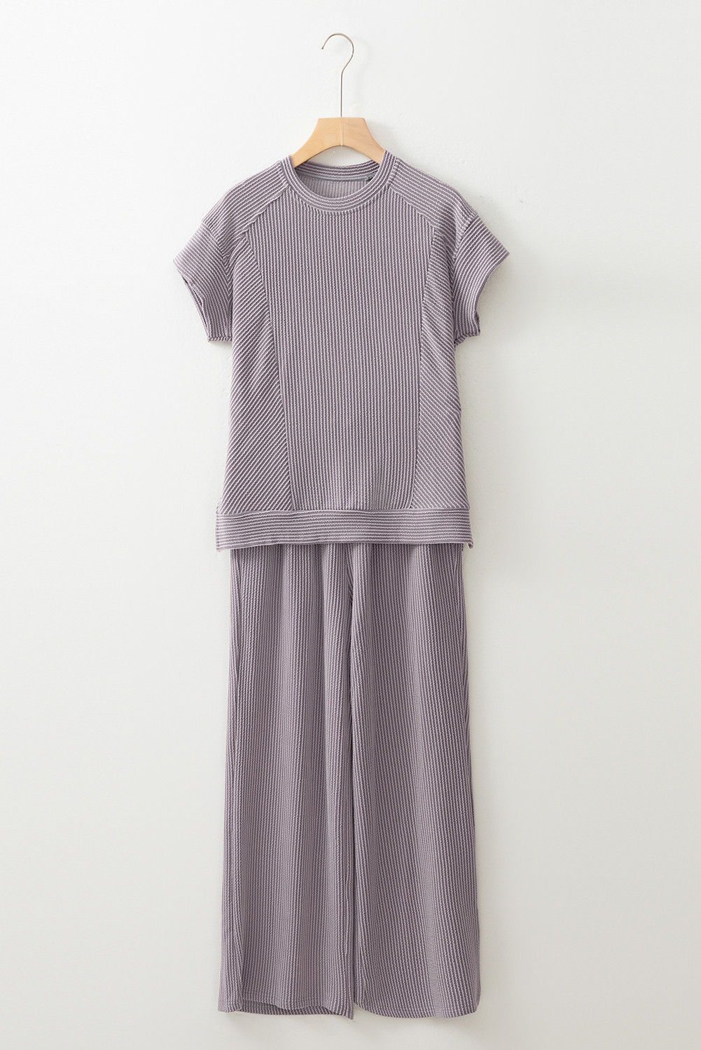 Wild Wind Solid Corded Knit Short Sleeve T Shirt and Wide Leg Pants Set