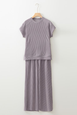 Wild Wind Solid Corded Knit Short Sleeve T Shirt and Wide Leg Pants Set