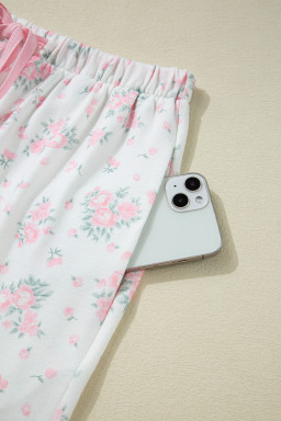 Pink Floral Lettuce Trim Tee and Shorts Ribbed Lounge Set