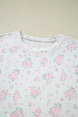 Pink Floral Lettuce Trim Tee and Shorts Ribbed Lounge Set