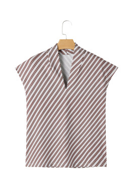 Chestnut Striped Stand V Neck Short Sleeve Blouse