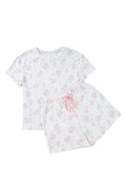 Pink Floral Lettuce Trim Tee and Shorts Ribbed Lounge Set