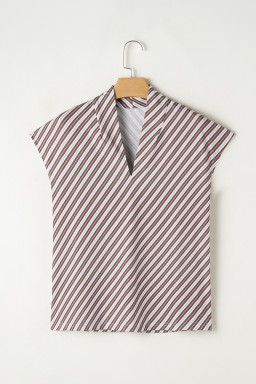 Chestnut Striped Stand V Neck Short Sleeve Blouse