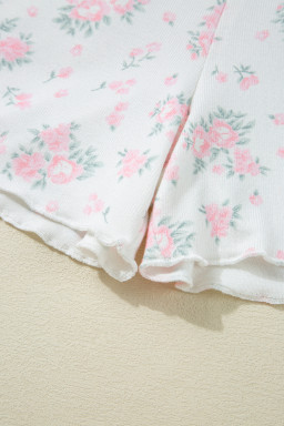 Pink Floral Lettuce Trim Tee and Shorts Ribbed Lounge Set