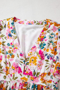 Red Floral Short Sleeve V Neck High Waist Maxi Dress