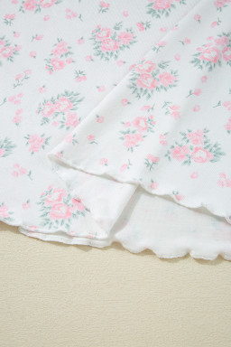 Pink Floral Lettuce Trim Tee and Shorts Ribbed Lounge Set