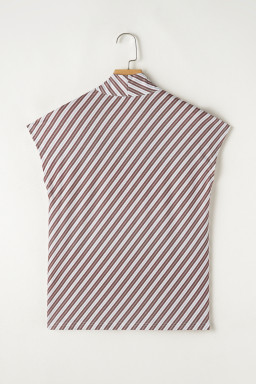 Chestnut Striped Stand V Neck Short Sleeve Blouse
