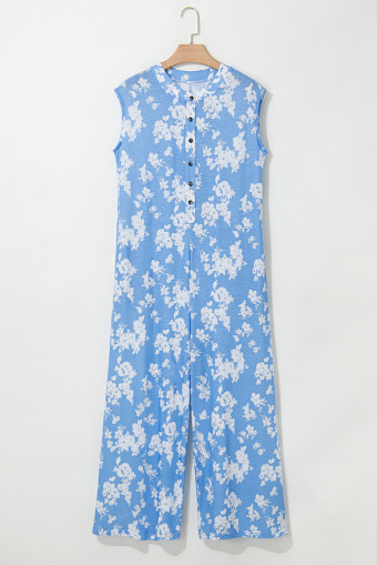 Myosotis Floral Print Half Button Wide Leg Relaxed Sleeveless Jumpsuit