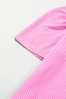 Bright Pink Corded Knit Crew Neck Puff Sleeve Shift Mini Dress