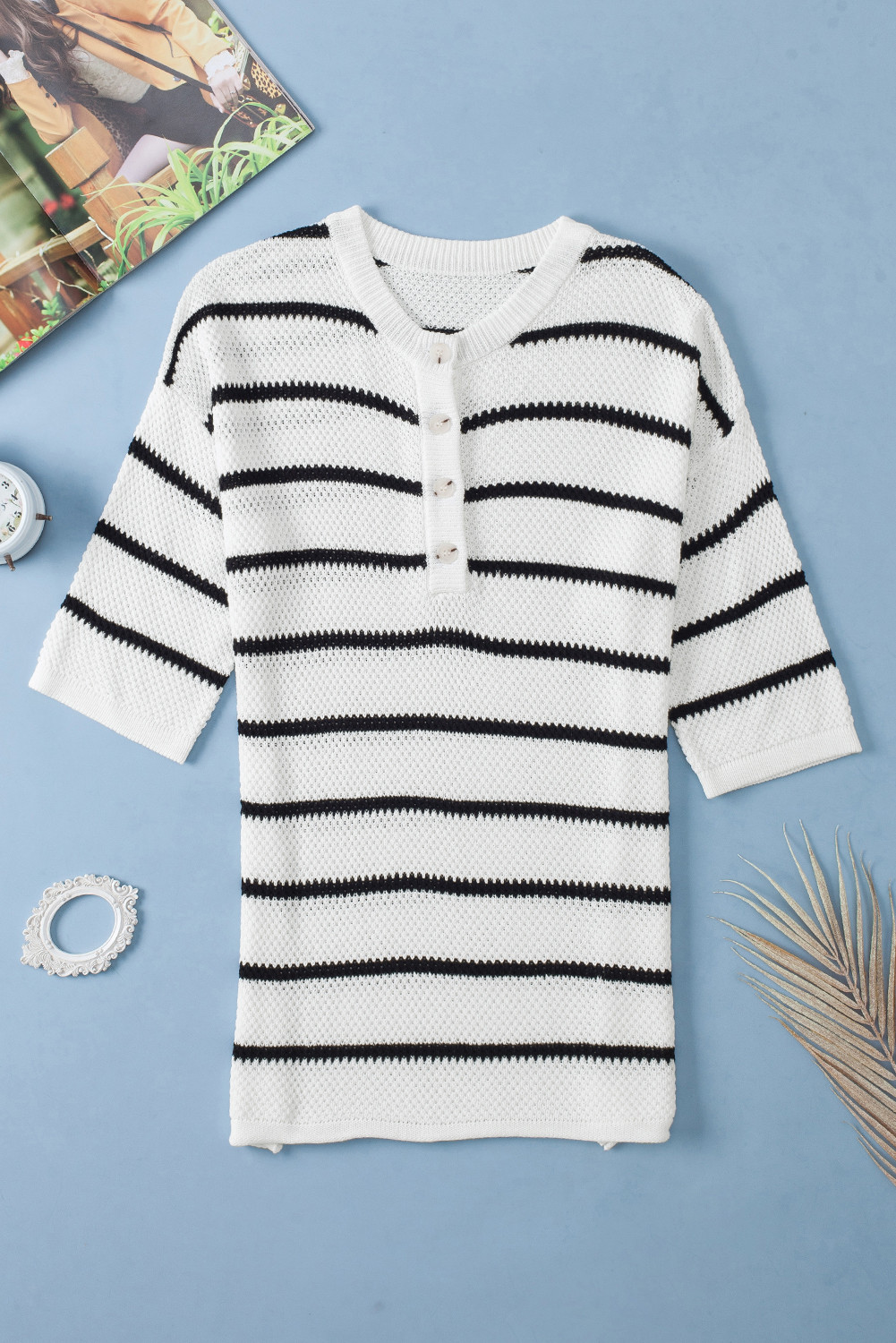 White Stripe Henley Buttoned Placket Drop Shoulder Bracelet Sleeve Knit Sweater Tee