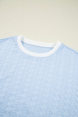 Beau Blue Contrast Trim Textured Crewneck Tee and Pocketed Skirt Set