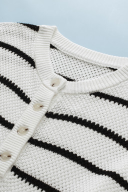 White Stripe Henley Buttoned Placket Drop Shoulder Bracelet Sleeve Knit Sweater Tee