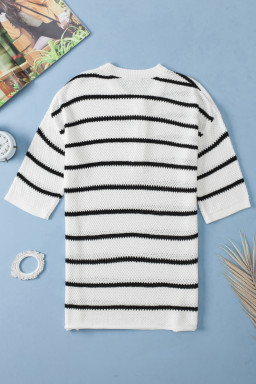 White Stripe Henley Buttoned Placket Drop Shoulder Bracelet Sleeve Knit Sweater Tee