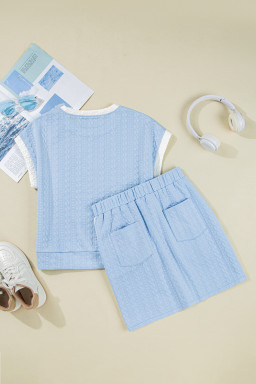 Beau Blue Contrast Trim Textured Crewneck Tee and Pocketed Skirt Set