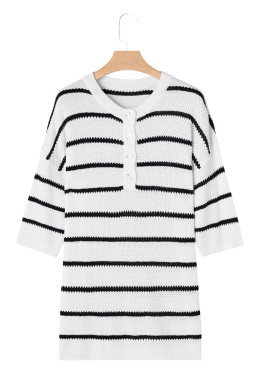White Stripe Henley Buttoned Placket Drop Shoulder Bracelet Sleeve Knit Sweater Tee