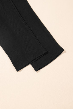 Black Solid Color Corded Short Sleeve Top and Casual Pants Set