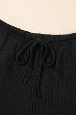 Black Solid Color Corded Short Sleeve Top and Casual Pants Set