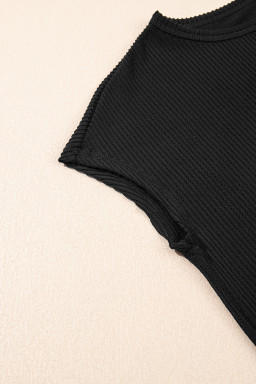 Black Solid Color Corded Short Sleeve Top and Casual Pants Set