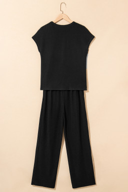 Black Solid Color Corded Short Sleeve Top and Casual Pants Set