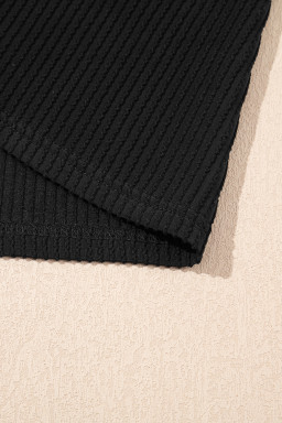 Black Solid Color Corded Short Sleeve Top and Casual Pants Set