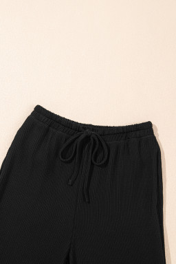 Black Solid Color Corded Short Sleeve Top and Casual Pants Set