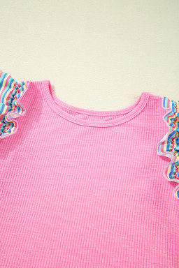 Bonbon Striped Ruffle Flutter Sleeve Ribbed Blouse
