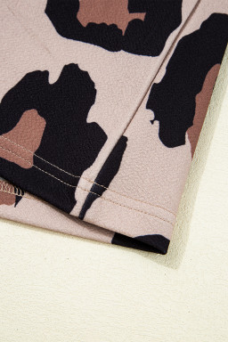 Khaki Leopard Crew Neck Cap Sleeve Casual Tee