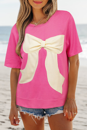 Strawberry Pink Contrasting Color Ribbon Bow Front Patch Loose Tee with Slits LC25226746-P306