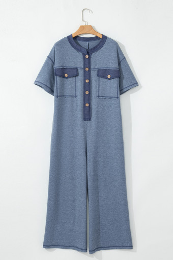 Beau Blue Half Placket Chest Pockets Short Sleeve Wide Leg Jumpsuit