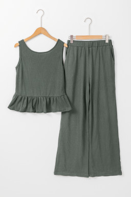 Duffel Green Solid Color Ribbed Ruffle Tank Top and Pants Set