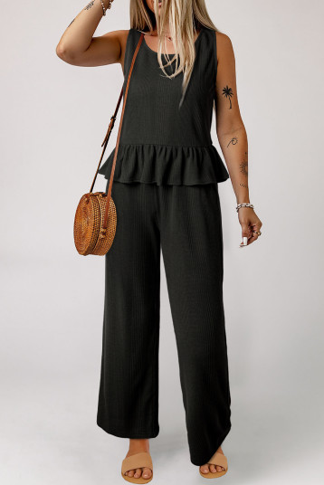Black Solid Color Ribbed Ruffle Tank Top and Pants Set LC625498-P2