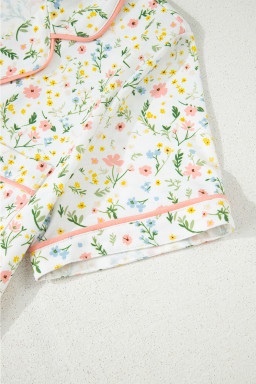 White Floral Print Contrast Pipping Short Pajamas Set
