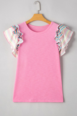 Bonbon Striped Ruffle Flutter Sleeve Ribbed Blouse