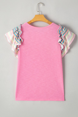 Bonbon Striped Ruffle Flutter Sleeve Ribbed Blouse