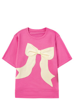 Strawberry Pink Contrasting Color Ribbon Bow Front Patch Loose Tee with Slits