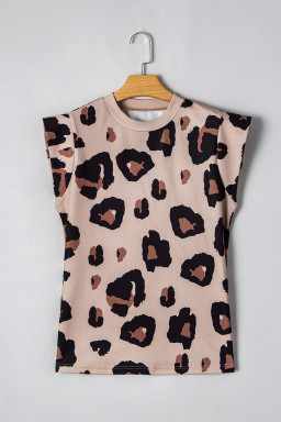 Khaki Leopard Crew Neck Cap Sleeve Casual Tee