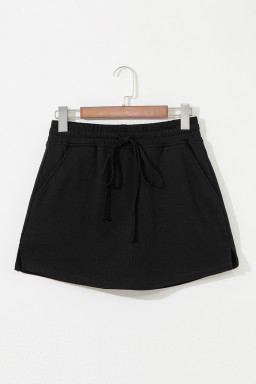 Black French Terry Drawstring Elastic Waistband Mini Skort with Pockets