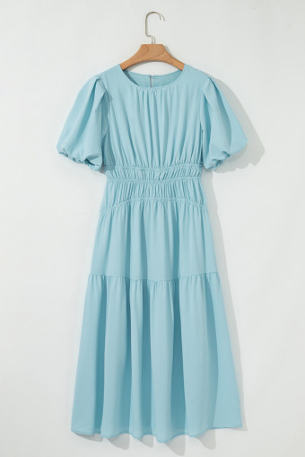 Light Blue Puff Sleeve Pleated High Waist Flowy Midi Dress