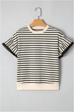 Black Stripe Scallop Lace Trim Ruffle Short Sleeves Crewneck Top