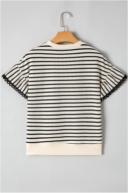 Black Stripe Scallop Lace Trim Ruffle Short Sleeves Crewneck Top