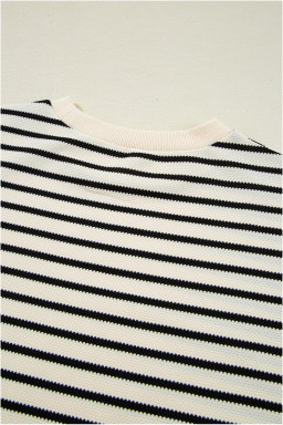 Black Stripe Scallop Lace Trim Ruffle Short Sleeves Crewneck Top