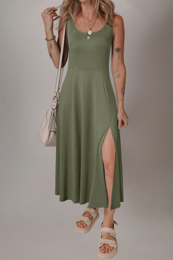 Four Leaf Clover Sleeveless Scoop Neck Flared Split Midi Dress