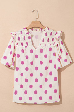Rose Polka Dot Print Shirred Yoke Notched Neck Balloon Sleeve Blouse