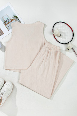 Apricot Buttoned V Neck Tank Top and Wide Leg Pants Casual Outfit
